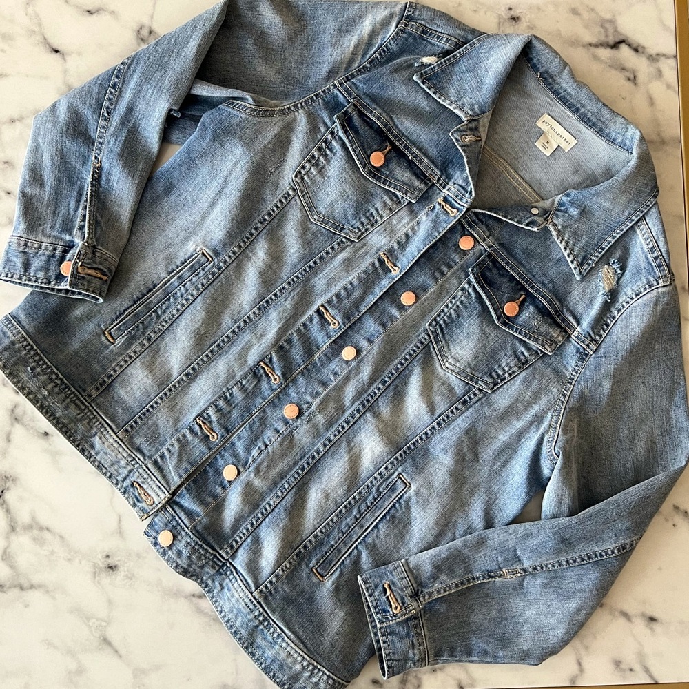 Peyton & Parker Distressed Denim Jean Oversized Button Up Jacket Size: Medium